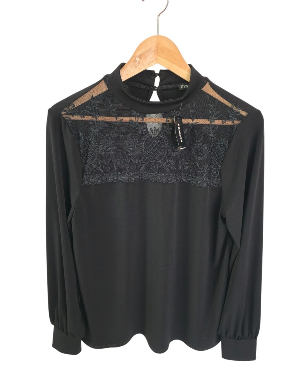 NWT Express Women's Long Sleeve Top Sheer Lace Mock Neck Black Size Medium